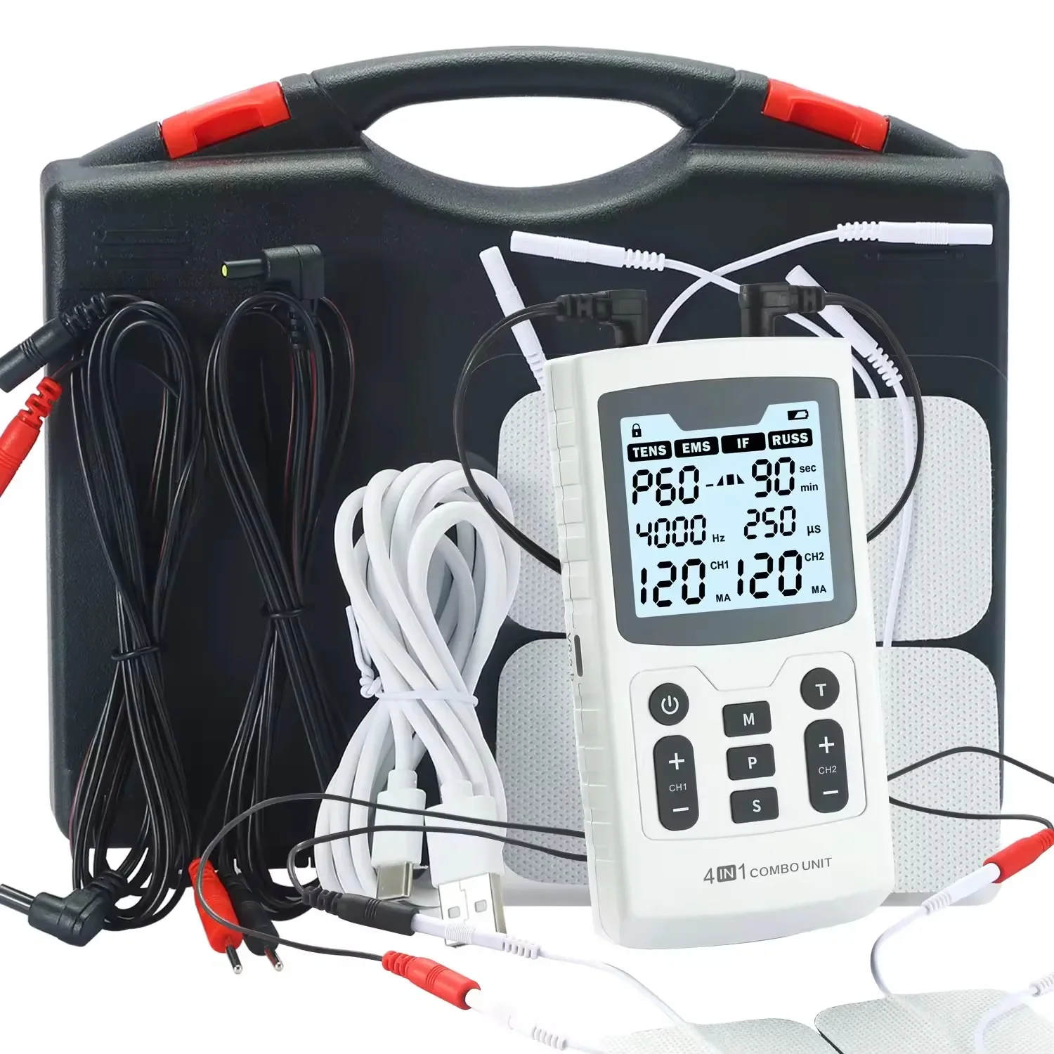 

60 Massage Modes 4 In 1 Electric Muscle Stimulator Combo Physiotherapy Therapy 4000Hz EMS IFC RUSS TENS Pulse Electrostimulator
