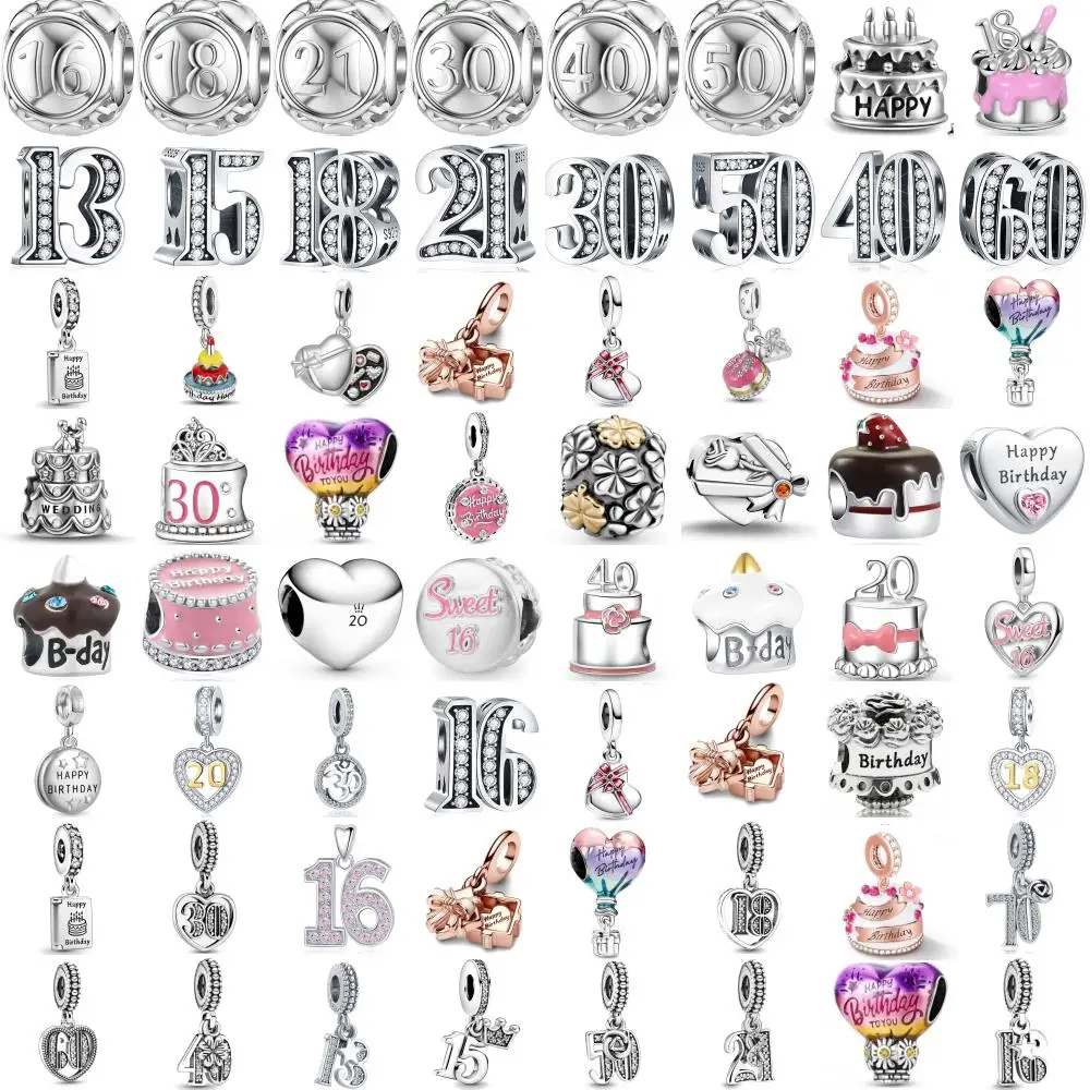 

New 925 Silver Happy Birthday Cake Champagne Box Birth Number Charm Bead Fit Original Bracelets Birthday DIY Jewelry Accessories