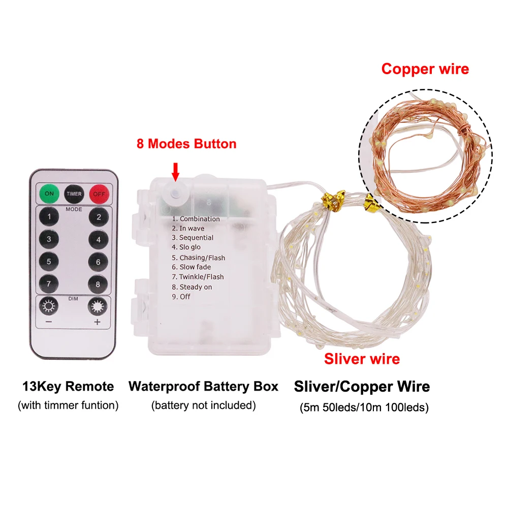 Battery LED String Fairy Lights Christmas Garland 5M 50LED/10M 100LED Remote Control Waterproof Holiday Wedding Decoration