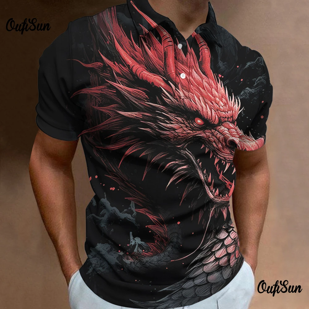 Kaos Polo Fashion pria, kaos 3d hewan naga bunga pria kasual harian lengan pendek longgar ukuran besar