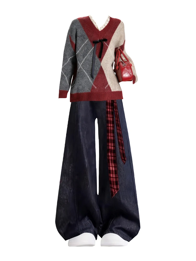 Cisas Aosphere Vintage Knitted Sweater High Waist Wide Leg Jeans Two Piece Set Retro Sle Long Sve V Ne ...