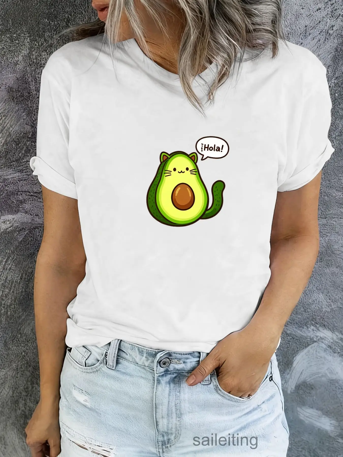 Avocado Cat T-Shirt Women Men Funny Cartoon Waving Hello Graphic Tee Casual Short Sleeve Summer Top - Unique Food Animal Gift