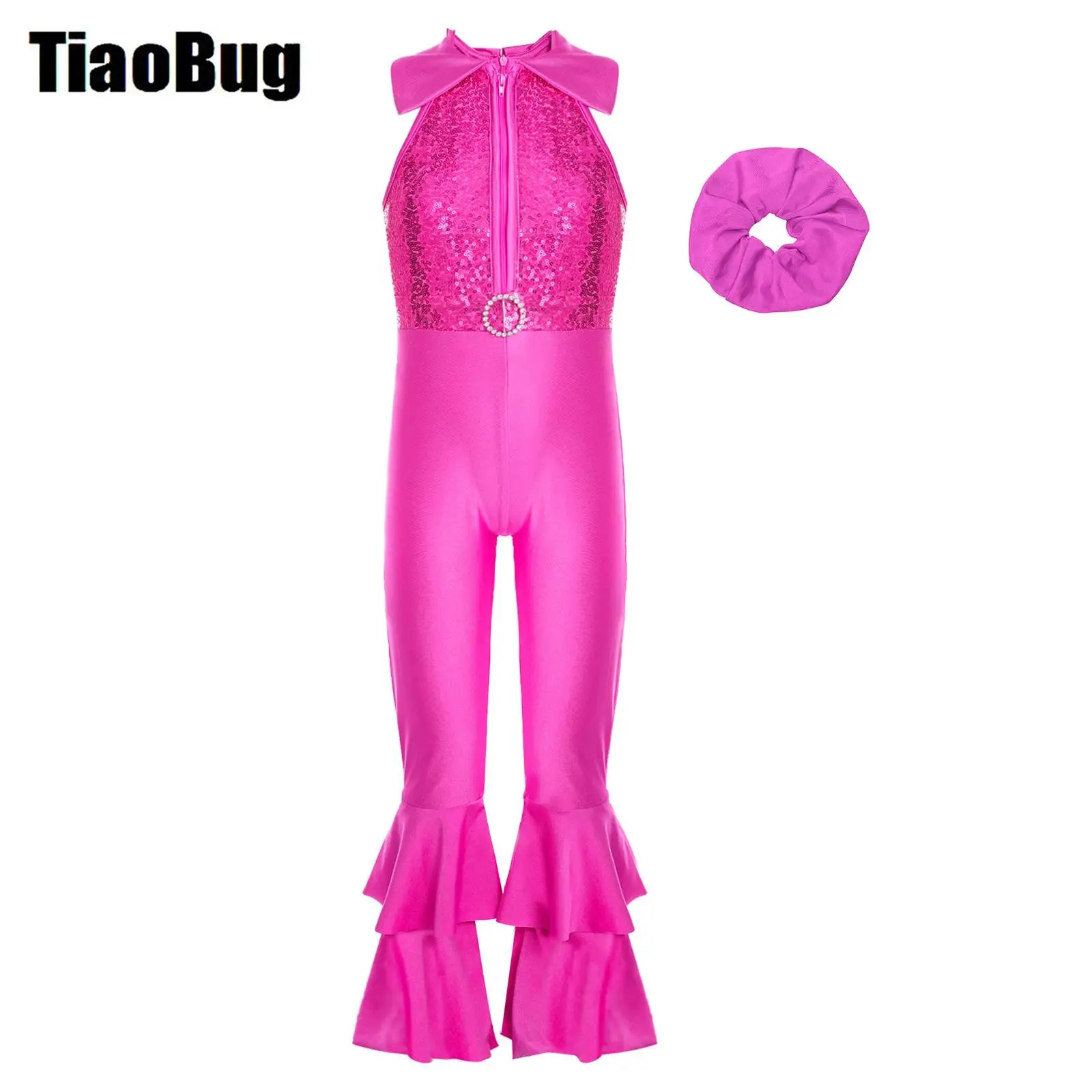 

Kids Girls Shiny Sequins Leotard Dance Sets Turn-Down Collar Decorated Zipper O-ring Bell-bottom Bodysuit with Hair Band