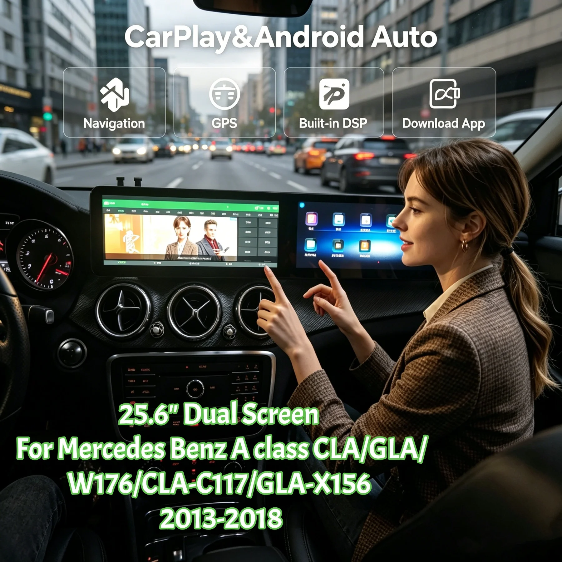25.6 inch Dual Screen For Mercedes Benz A class W176/CLA-C117/GLA-X156 2013-2018 Android Multimedia Video Player Stereo GPS Navi