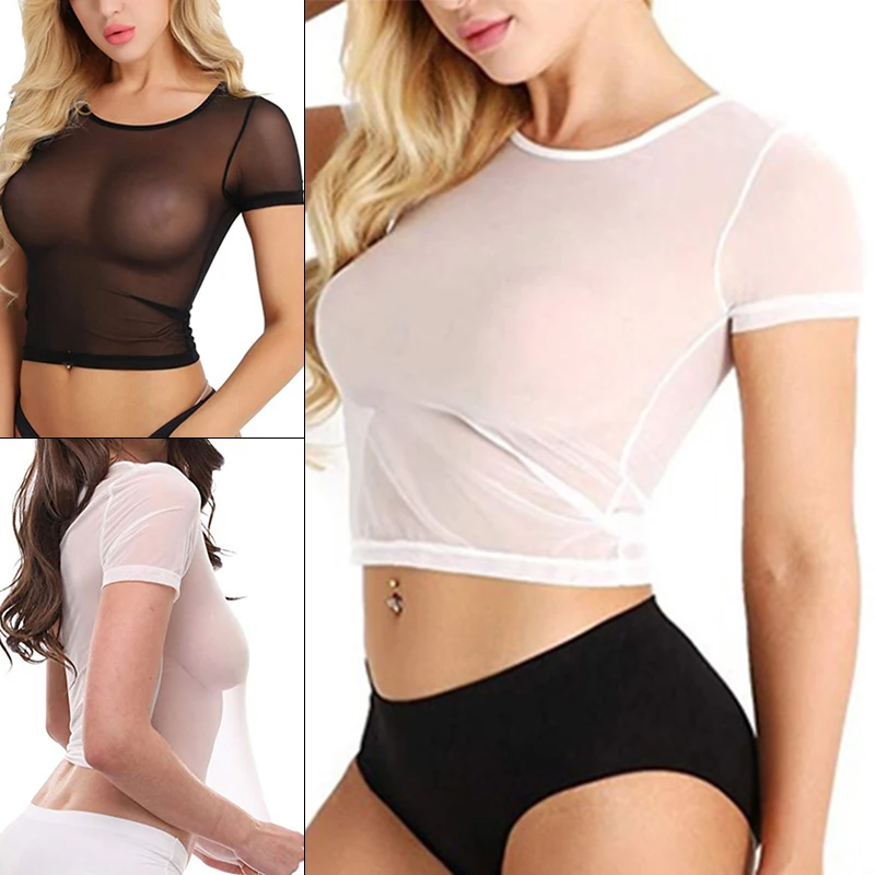 

Women Sexy Mesh See Through Crop Top T Shirt Tank Underwear Bras Short Sleeve Sheer Streetwear Tees Slim Transparent Clubwear