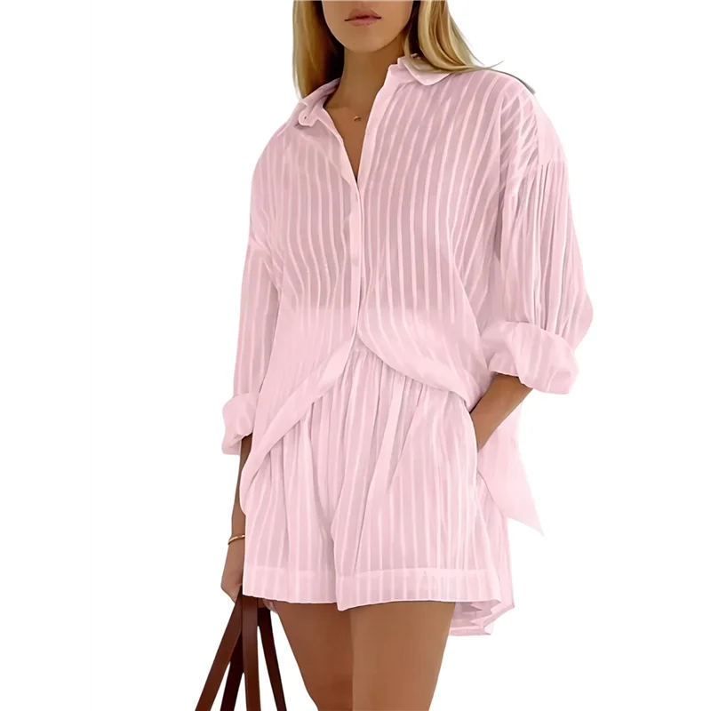 A09P 2 Piece Outfits Button Down Shirt Top And Shorts Casual Lounge Sets