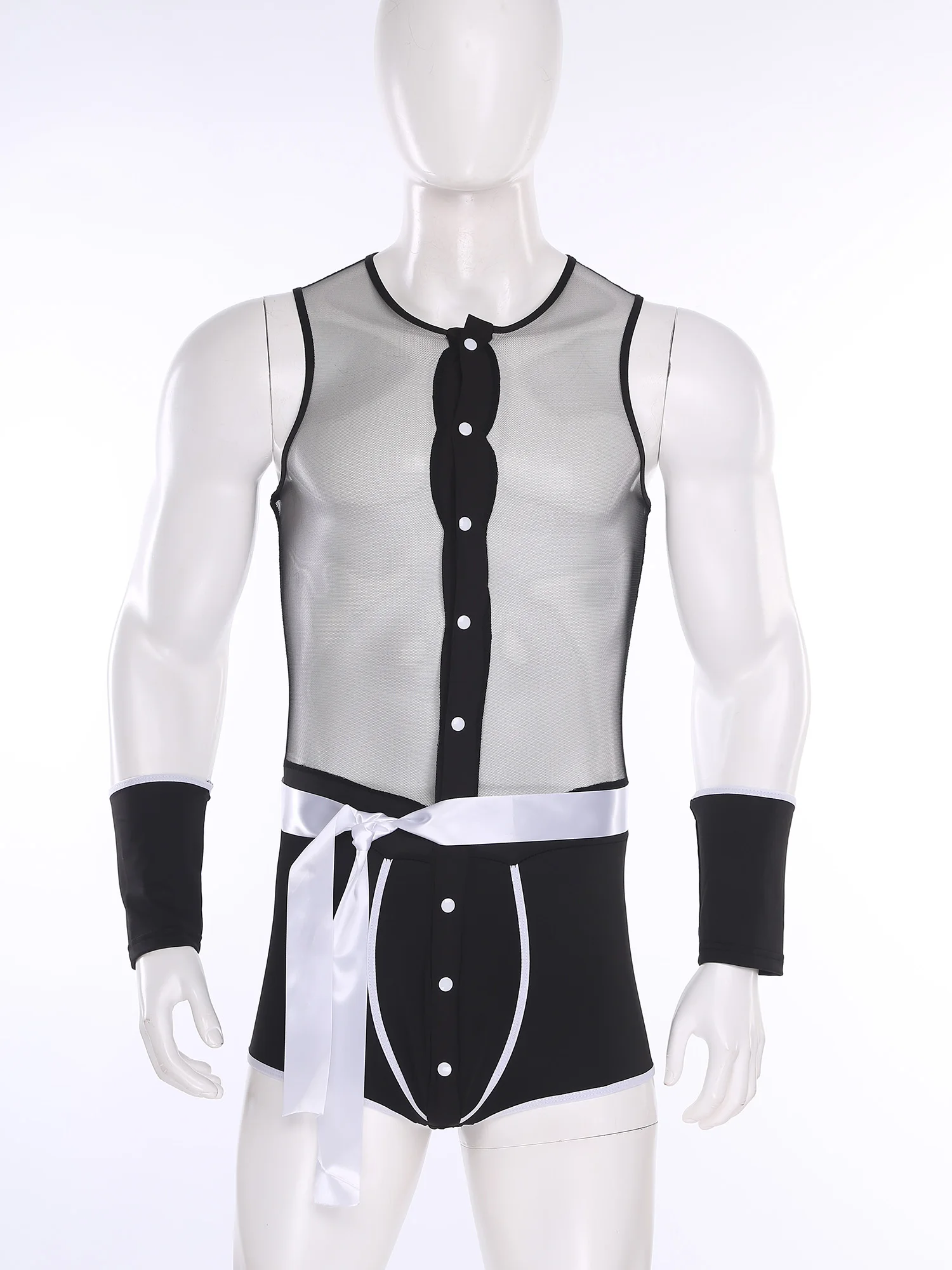 

Men's Servant Maid Cosplay Bodysuits Sheer Mesh See Through Tops with Panties Bodysuit Collar Belt And Gloves Nightwear Costumes