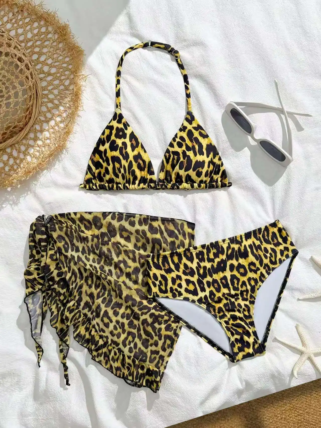 2026 Leopard Girls Swimsuit 3 Pieces Halter Triangle Bikinis Kids Swimwear Female Children's Bathing Swimming Swim Suit 8Y-12Y