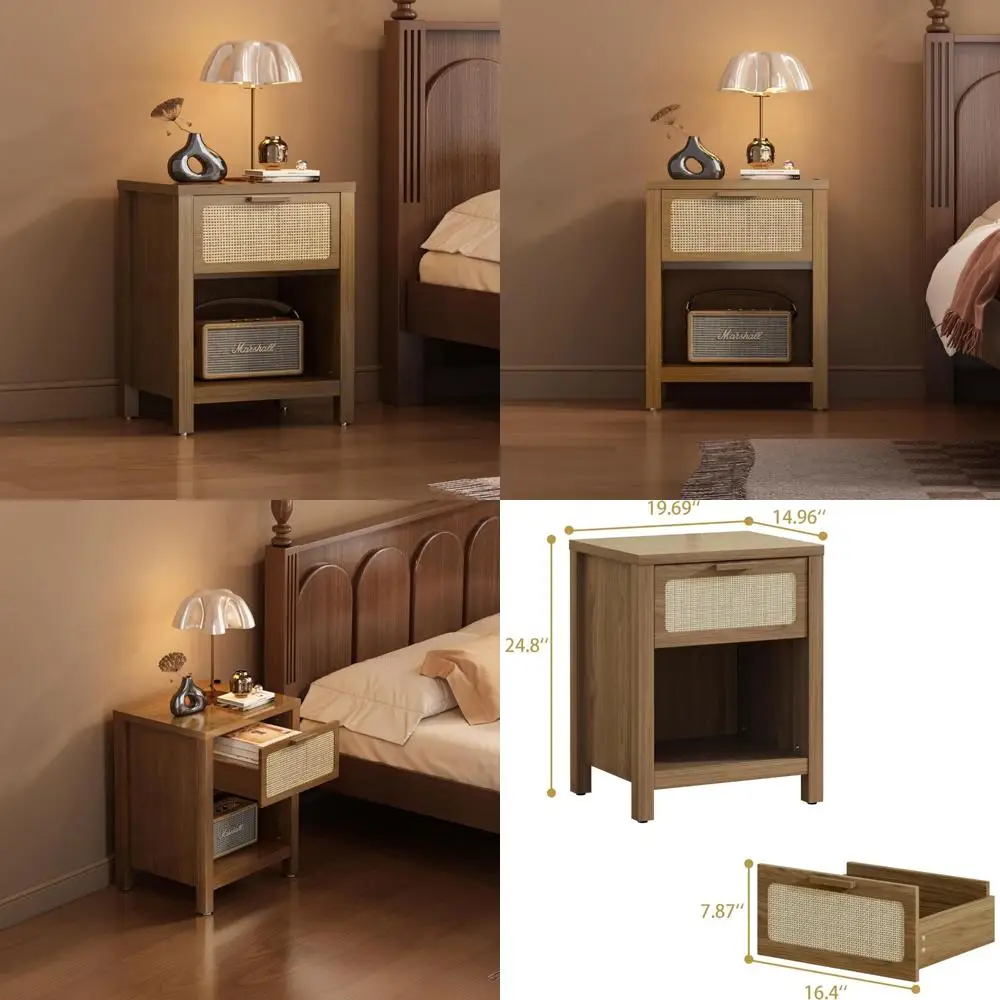 منضدة الروطان الحديثة لمنتصف القرن مع درج وتخزين، طاولة بجانب السرير خشبية كبيرة على طراز بوهو #1