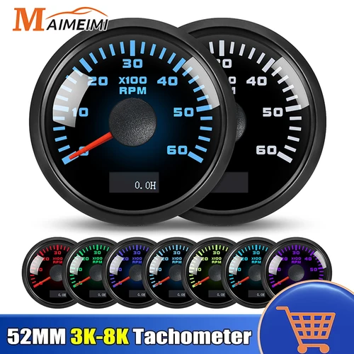 Tacómetro retroiluminado de 52mm y 7 colores, Sensor de calibre tacómetro de 3000-8000rpm, medidor de horas M16 M18 para gasolina, diésel, coche, barco, yate, 12V