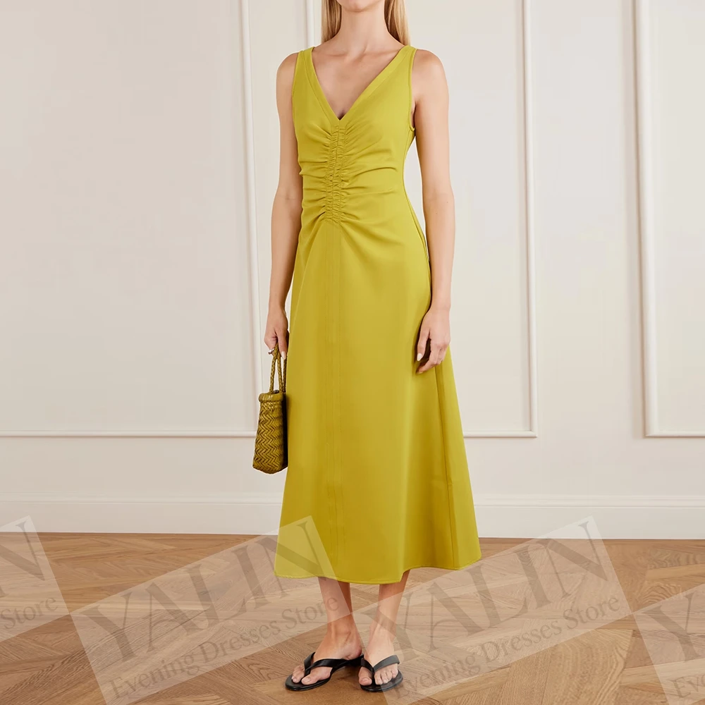 Women's A-line Evening Dresses Tea-length V-neck Sleeveless Prom Dresses Simple Fashion Draped Causal Customized Gowns
