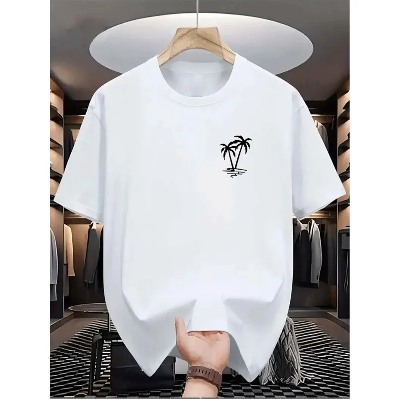 

Men's summer 100% cotton fashionable casual loose coconut tree pattern printed sports round neck short sleeved T-shirt top
