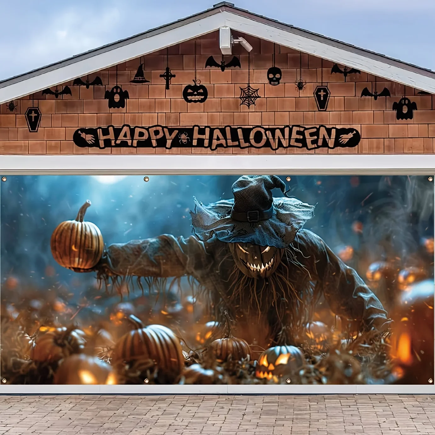 2D Banner 1, Halloween Scarecrow & Pumpkin Garage Banner - A vibrant, festive oversized outdoor wall decoration