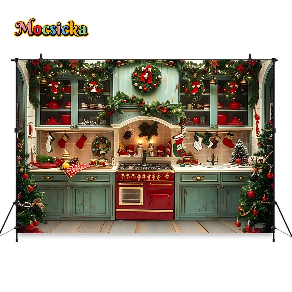 Christmas Kitchen Photography Background Retro Red Cabinets Xmas Tree Garland Socks Backdrop Kids Adult Winter Studio Photozones