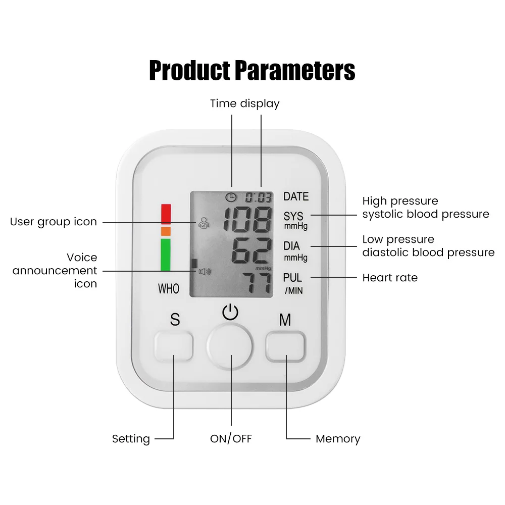 Portable Upper Arm Blood Pressure Monitor LCD Digital Arm Hematomanometer Medical BP Sphygmomanometer Pressure Meter Tonometer