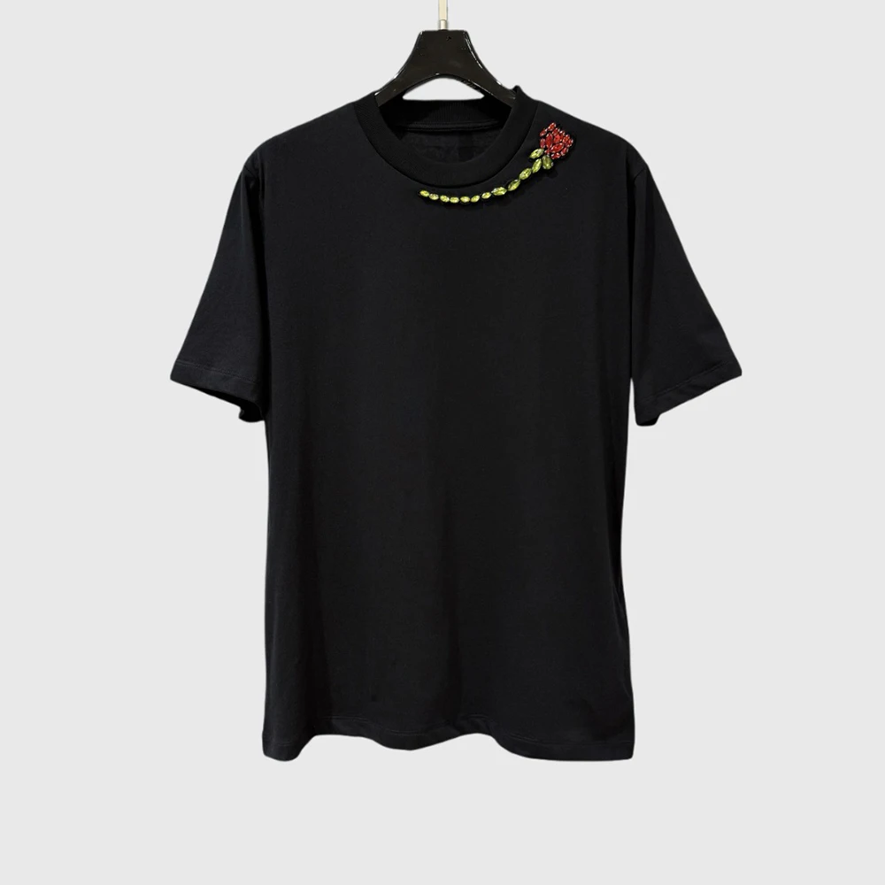 Cotton-Blend Beaded Rhinestone-Embellished Women's T-Shirt Retro-Chic Commuter Crewneck Short-Sleeve Tees Top 2026 Spring New