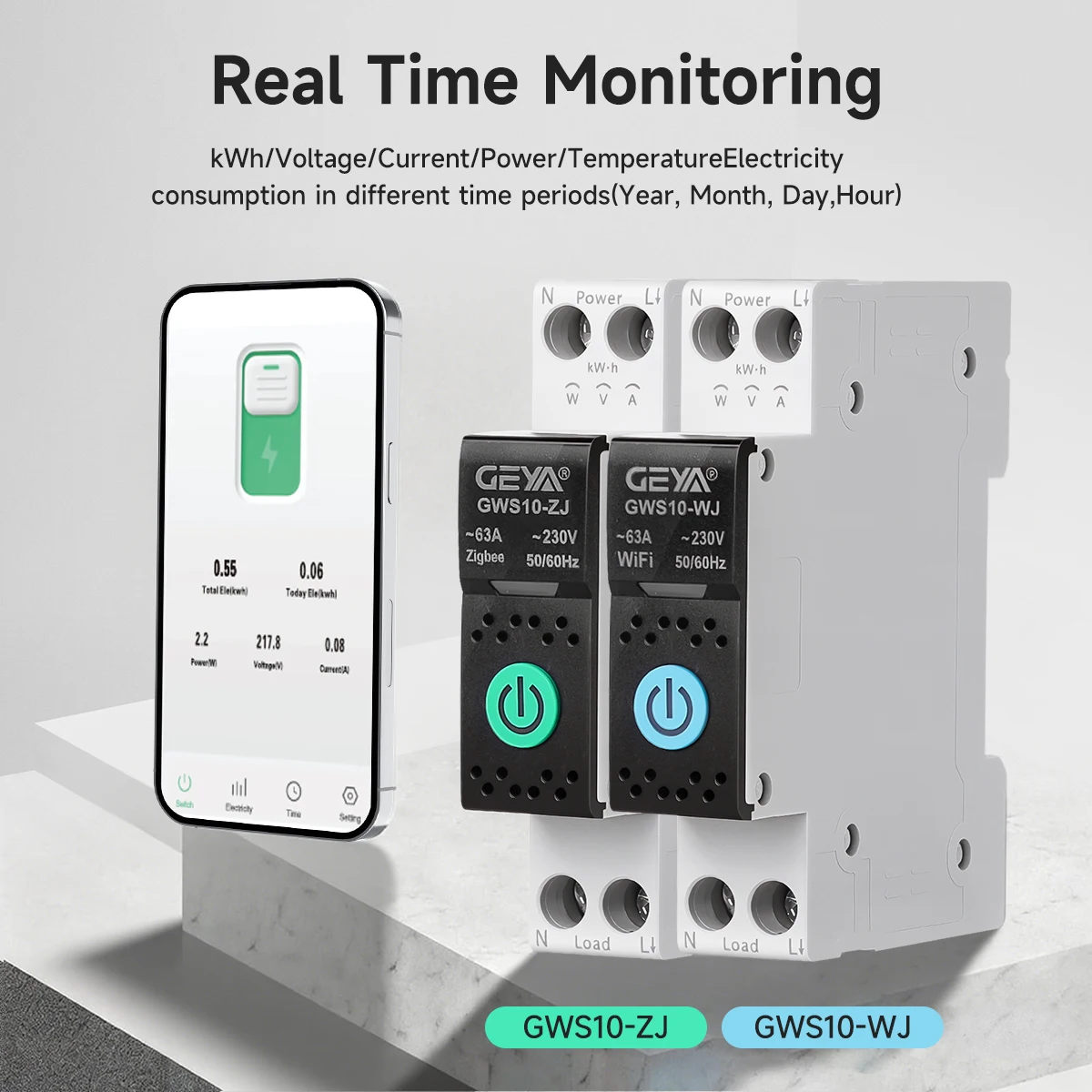 GEYA Wifi Mertering Smart Switch 1P + N 1-63A Control de aplicación con protección contra sobrecorriente y disyuntor de protección de voltaje MCB