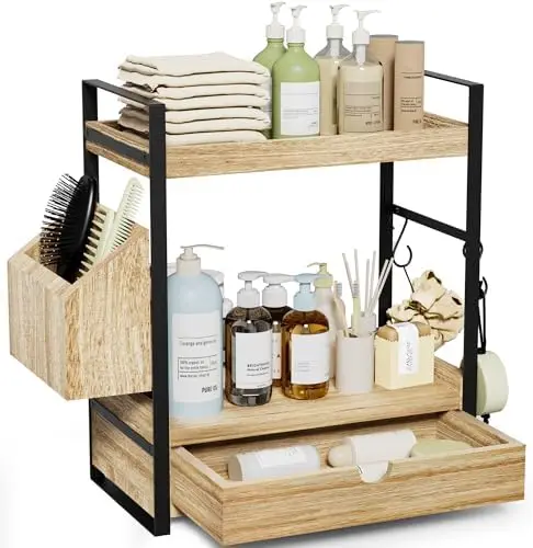 

2-Tier Bathroom Organizer with Drawer & Basket – Wood Vanity Shelf for Skincare & Toiletry Storage