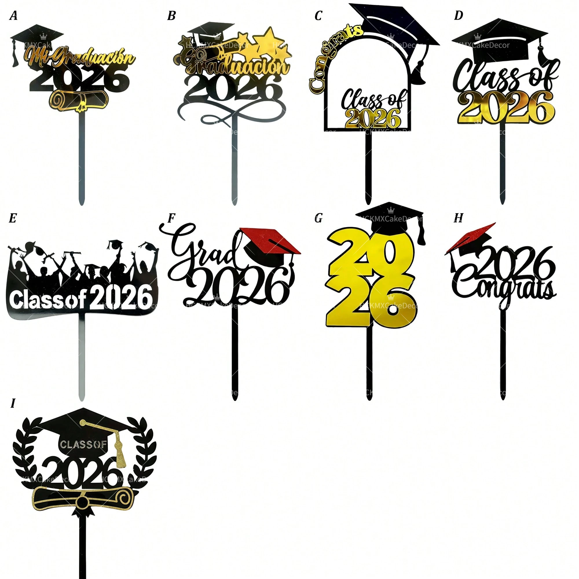3pcs/6pcs Acrylic Black Gold Class of 2026 Cake Topper Set, Graduation Cap Diploma Cake Decorations, Mi Graduación 2026 Grad view 6