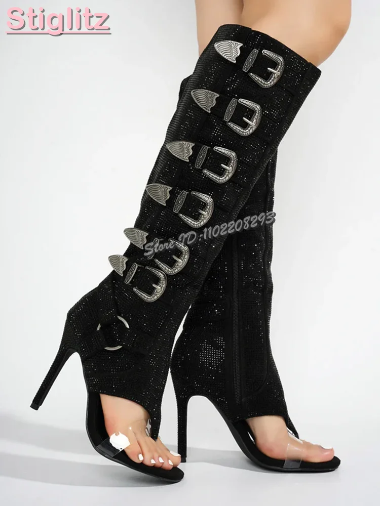 

Retro Buckle Strap Flip-flops Sandals Round Toe Side Zipper Stiletto Heels Knee-high Boots 2025 Autumn Fashion Women Roman Shoe