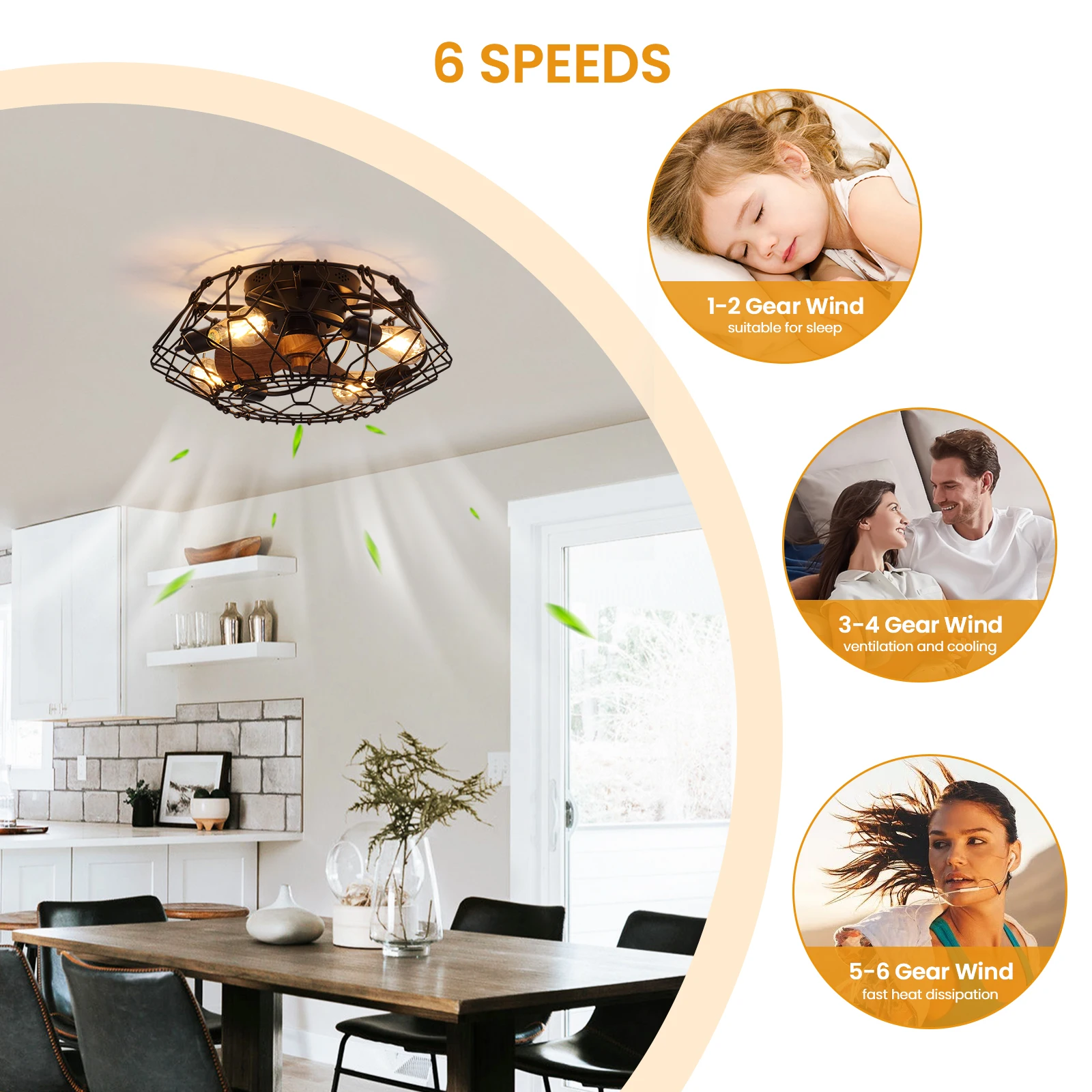 Black Cage Style Ceiling Fan Light 20 Inch Farmhouse Remote Control Industrial Retro Style Indoor Outdoor Fan Light Fixture