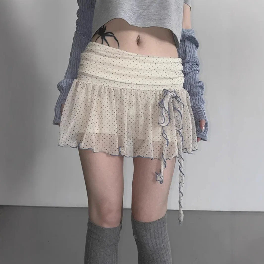 عارضة البولكا نقطة أضعاف أكثر من الخصر التنانير الصغيرة الأزياء شبكة الشريط منظور لطيف الحلو للفتيات لطيف مرونة الخصر قيعان #2