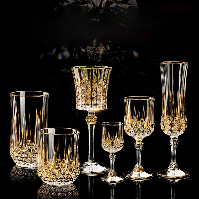 

Europe Gold Crystal Glass Retro Carved Luxury Goblet Diamond Wine Cups Champagne Glasses Bar Party Hotel Home Drinking Ware