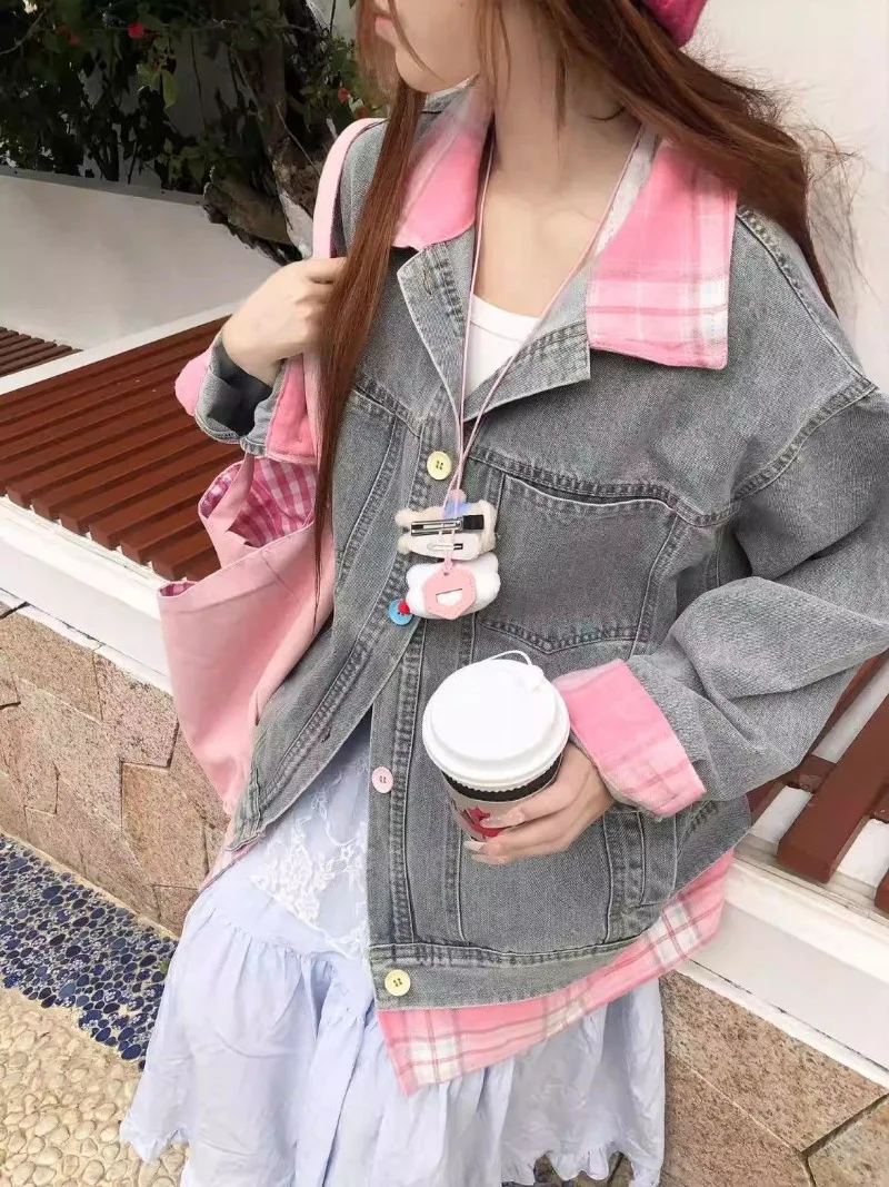

Весенне-осенняя новая джинсовая рубашка с клетчатым воротником, женская корейская версия, свободная ленивая ретро-поддельная джинсовая куртка из двух предметов, женская