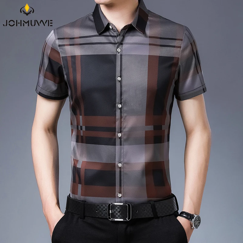 JOHMUVVE Fast Shipping New Men\'s Short Sleeve Striped Printed Shirt Casual Short Sleeve Top