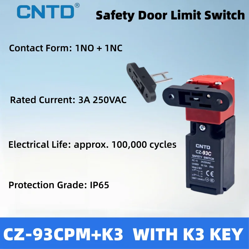 CNTD CZ-93CPM+K3 Adjustable Safety Door Interlock Switch AC-15 3A 250VAC IP65 1NO 1NC Positive Opening Key Operated CE TUV CCC