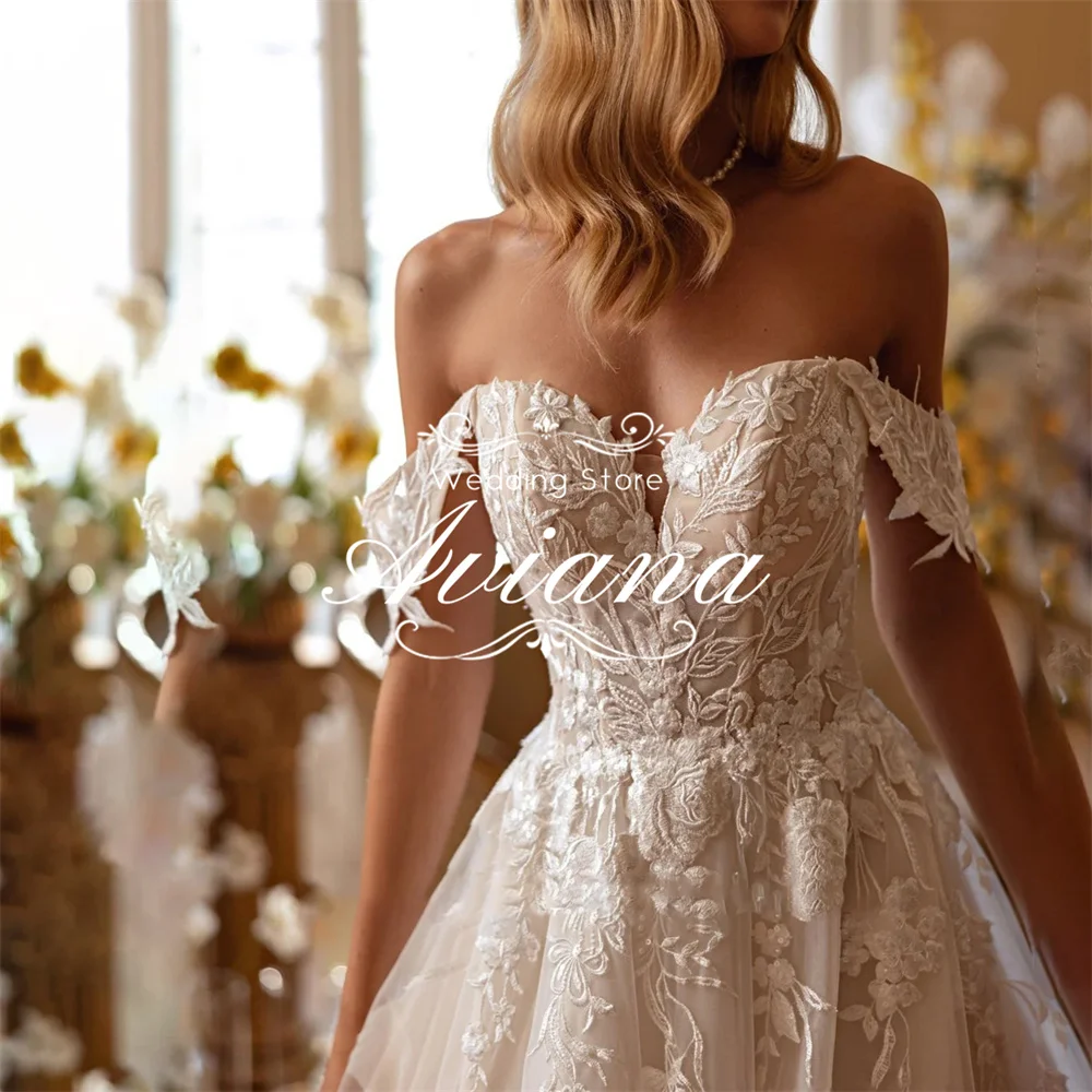 تخصيص Aviana قبالة الكتف الحبيب العنق الدانتيل والتطريز تول الكرة ثوب الزفاف قطار طويل ثوب الزفاف