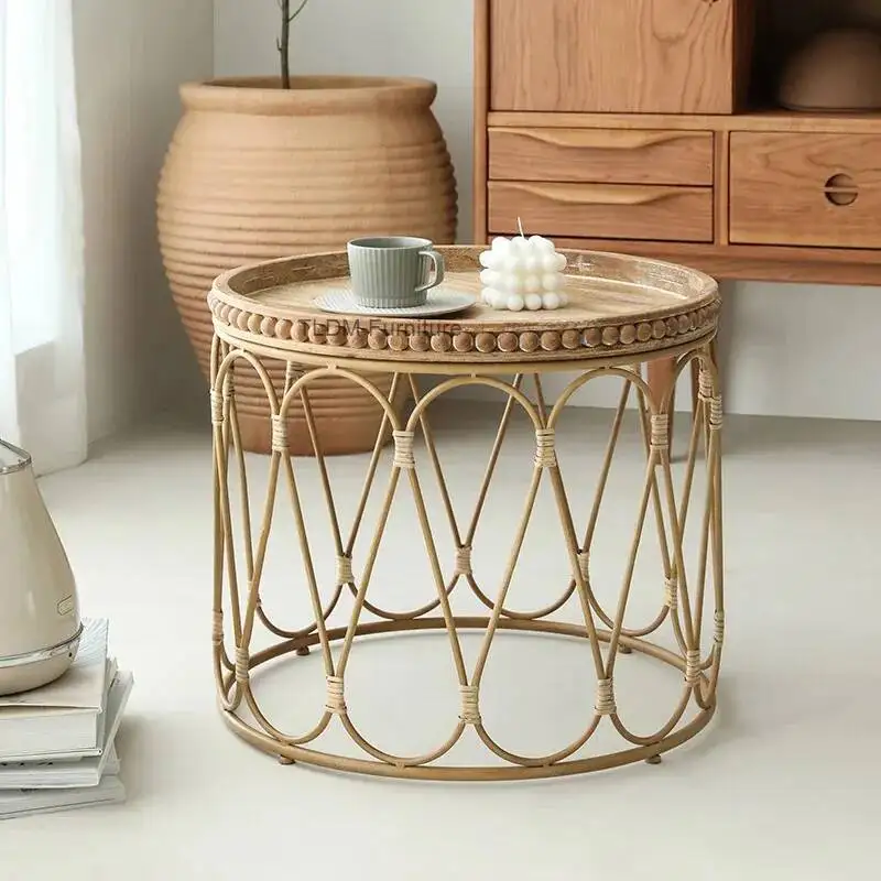 Bohemian Rattan Side Table, Handmade Woven Round Coffee Table for Living Room, Natural Wicker End Table with Storage