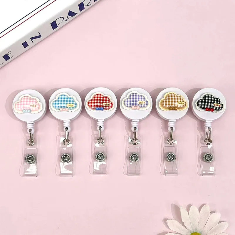 Sweet Korean Plaid Cloud Retractable Badge Reel Medical ID Holder for Doctors Nurses Stretchable Lanyard with Secure Clip