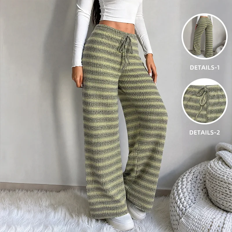 Chic 2026 Autumn Chic Trousers Bottom Winter Korean Casual Mopping Pants Contrasting Striped Strappy Straight Wide-leg Pants