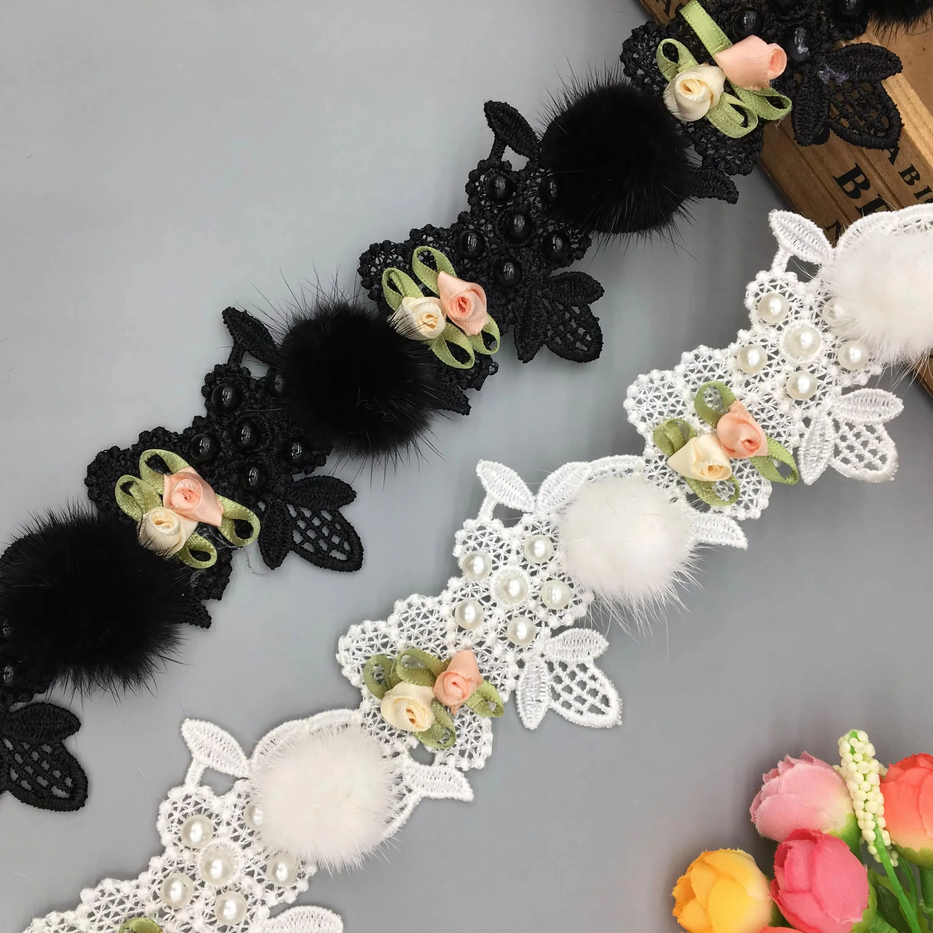 1 Yard White Black Pom Pom Colorful Flower Pearl Embroidered Lace Ribbon Pompon Trim Fabric Sewing Crafts For Costume Decoration
