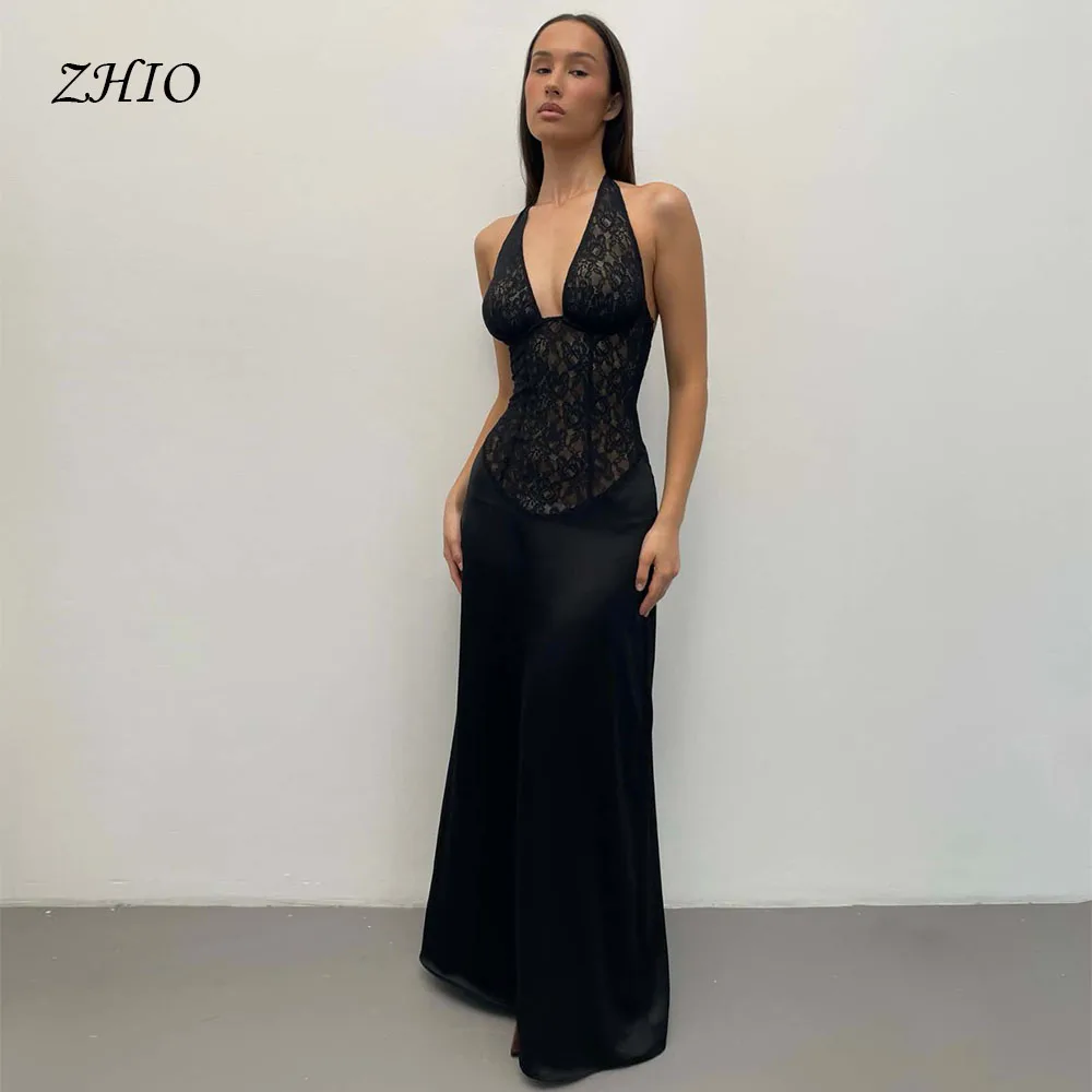 ZHIO Elegante abito da sera nero Halter Backless in raso con sirena in pizzo Lunghezza pavimento Occasioni formali Abito da ballo per feste Personalizzato