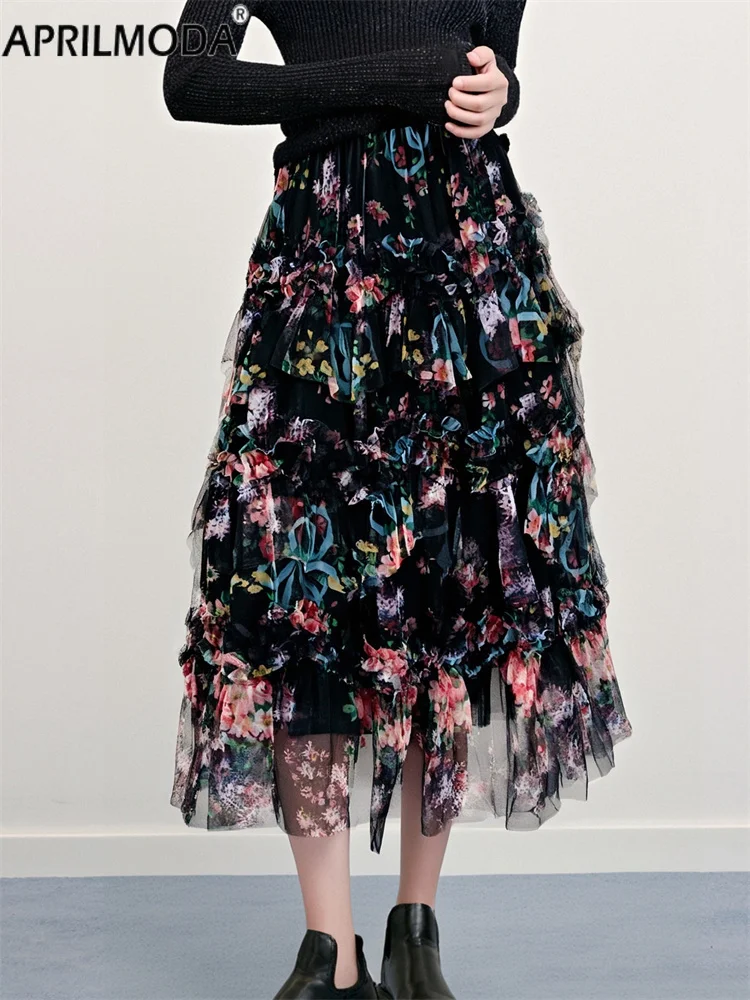 

Flower Print Irregular Mesh Floral Midi Long Skirt Women French A-line Tulle Fairycore Y2k Vintage Casual Patchwork Gauze Skirts