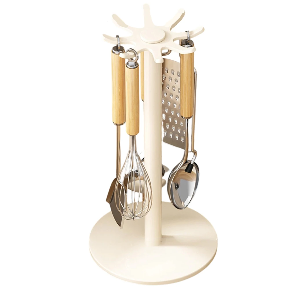 Utensil Holder with 8 Hooks Rotatable for Kitchen Countertop Efficient Organization Sturdy Metal 40.5x14cm Cream White Gray