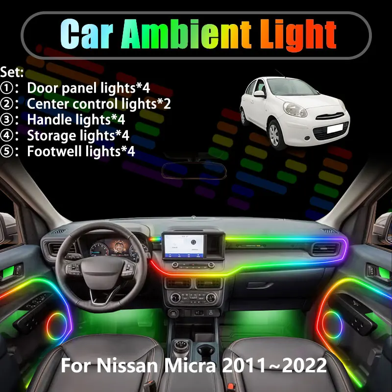 

Светодиодная подсветка салона и багажника для Nissan Micra 2011-2022 K13 March MK4, 2/18 в 1, USB RGB, с эффектом «бегущей волны»