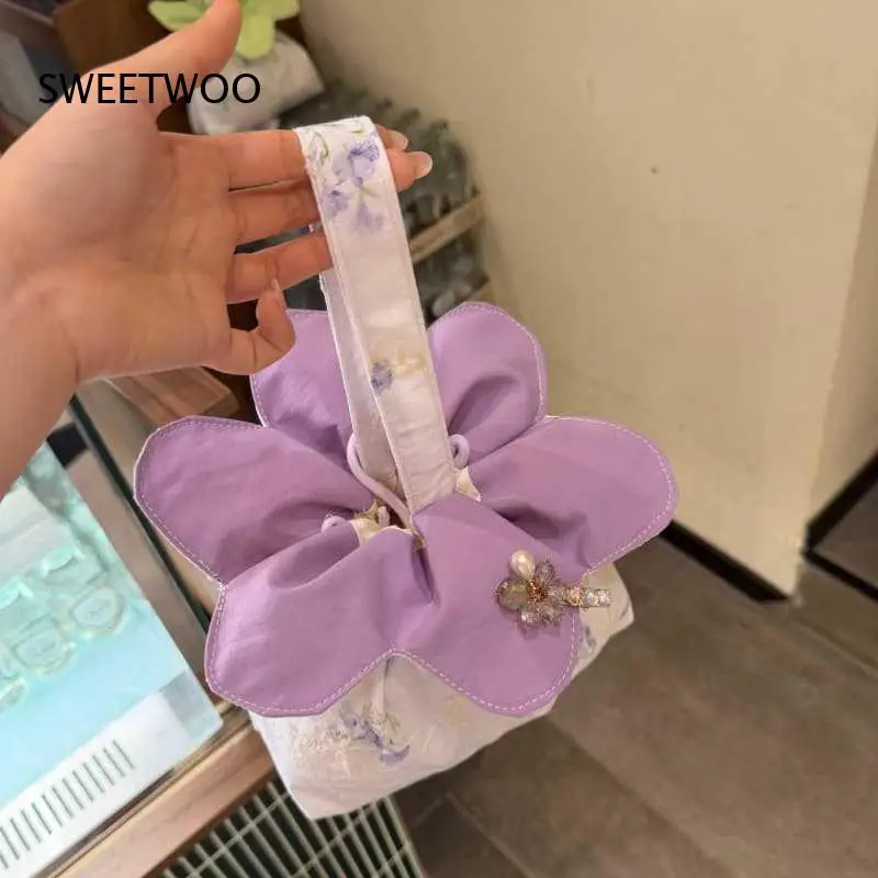 2026 Purple Floral Embroidery Flower Hand Bag Vintage Print Fabric Pearl Decor Multi Pastel Tone Portable Women Storage Purse