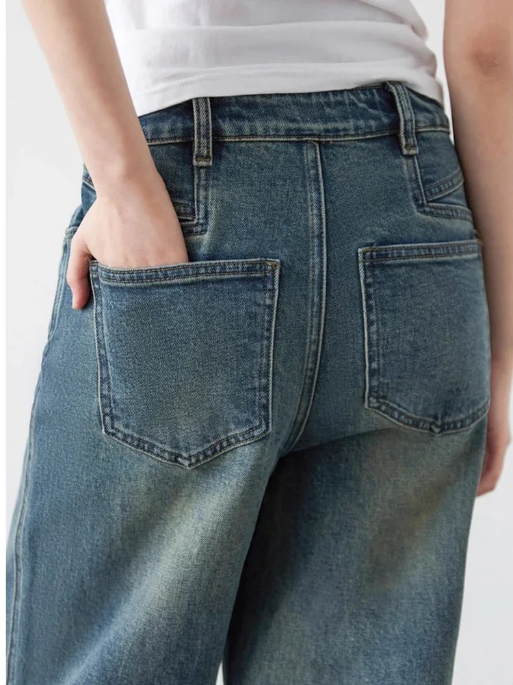 CHIC VEN Women Denim Pants Korean High Waisted  Straight Wide Leg Side Slit Jeans Retro Female Blue Trousers Spring Autumn 2025