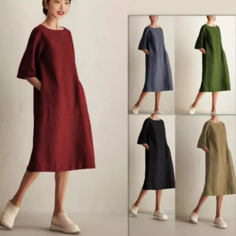 

【New style】2022 wish women's clothing fashionable casual round collar mid-sleeve cotton and linen pocket dress