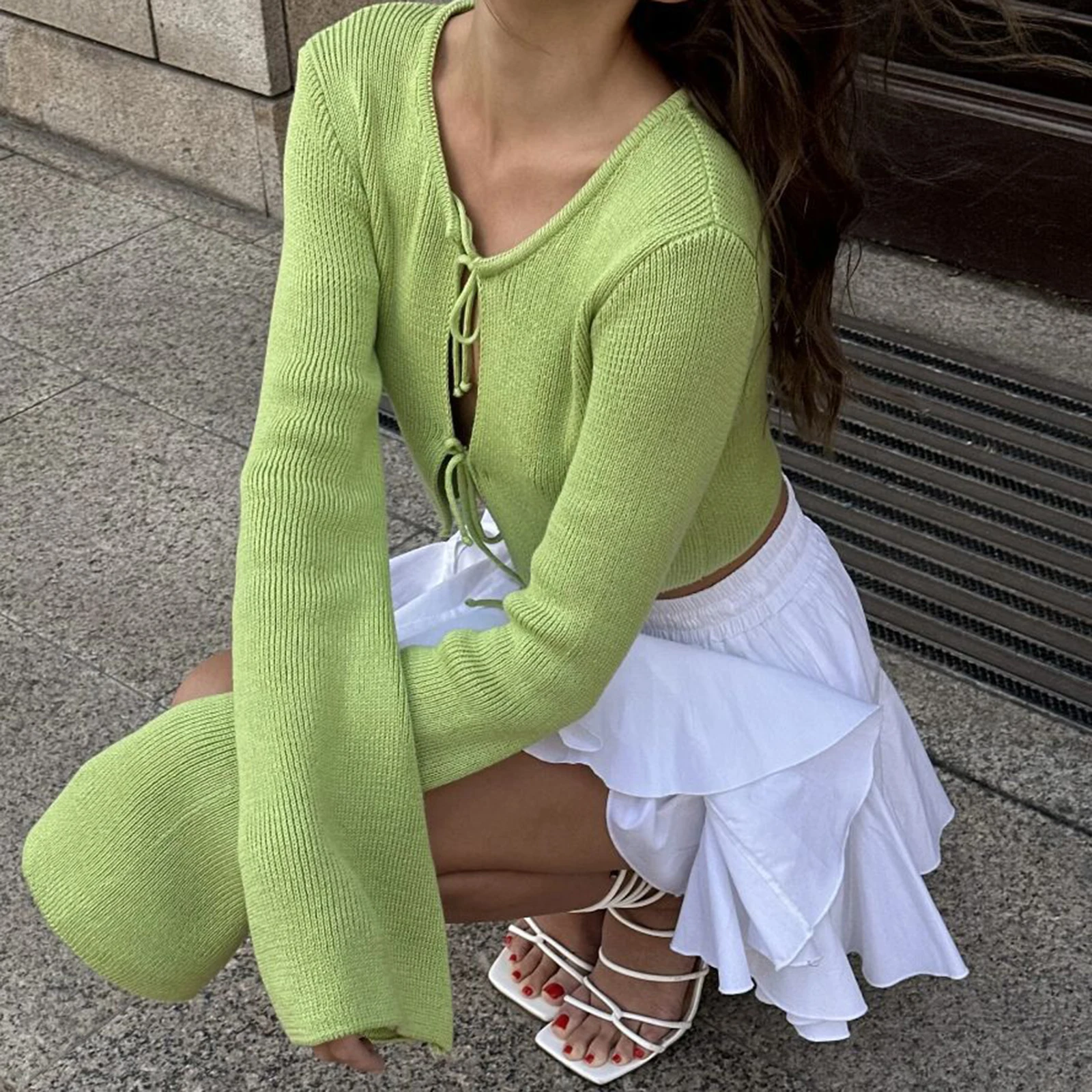 Cárdigan liso de manga larga acanalado Fairycore para mujer, cuello redondo, Otoño, primavera, tejido con lazo, cárdigan ajustado calado, suéteres, Tops