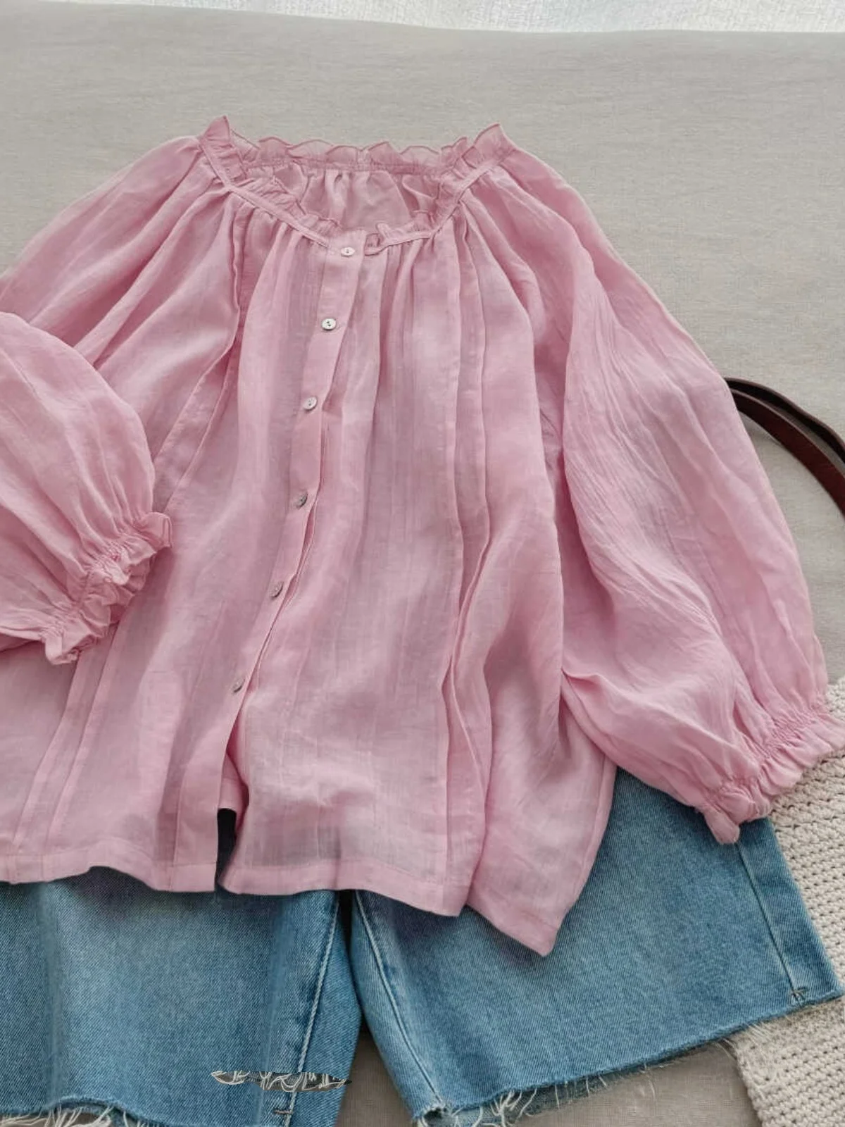 

Летний тонкий хлопковый льняной топ irt, женский свободный топ Bubble Sve Seven-Quarter Sve Ear Musoom Cotton Linen irt