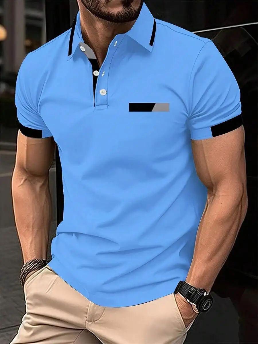 

Men's Light Blue Casual Short Sleeve Polo Shirt with Contrast Trim