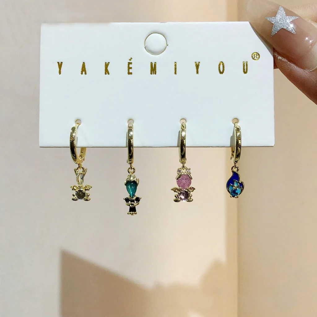 New Design 4pcs/set Mirco Paved Cubic Zircon Cartoon Dangle Earrings for Women Gold Plated Jewelry