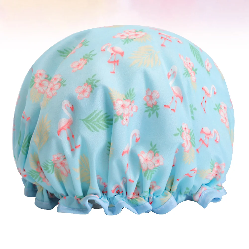 Printed Bath Headdress Cartoon Double Layer Shower Hat Waterproof Shower Oliproof Kitchen (Blue Flamingo)