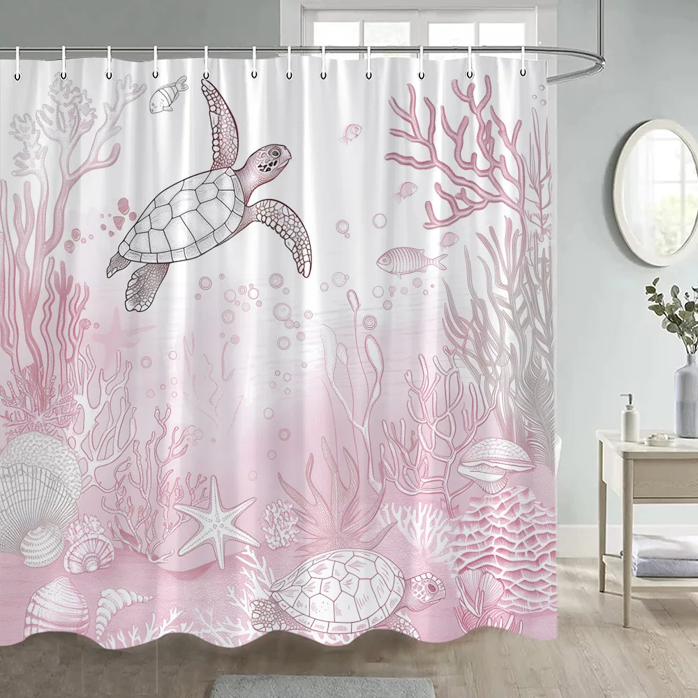 Pink Nautical Shower Curtain Sea Turtle Ocean Animal Coral Undersea Summer Modern Polyester Bath Curtain with Hook Home Decor