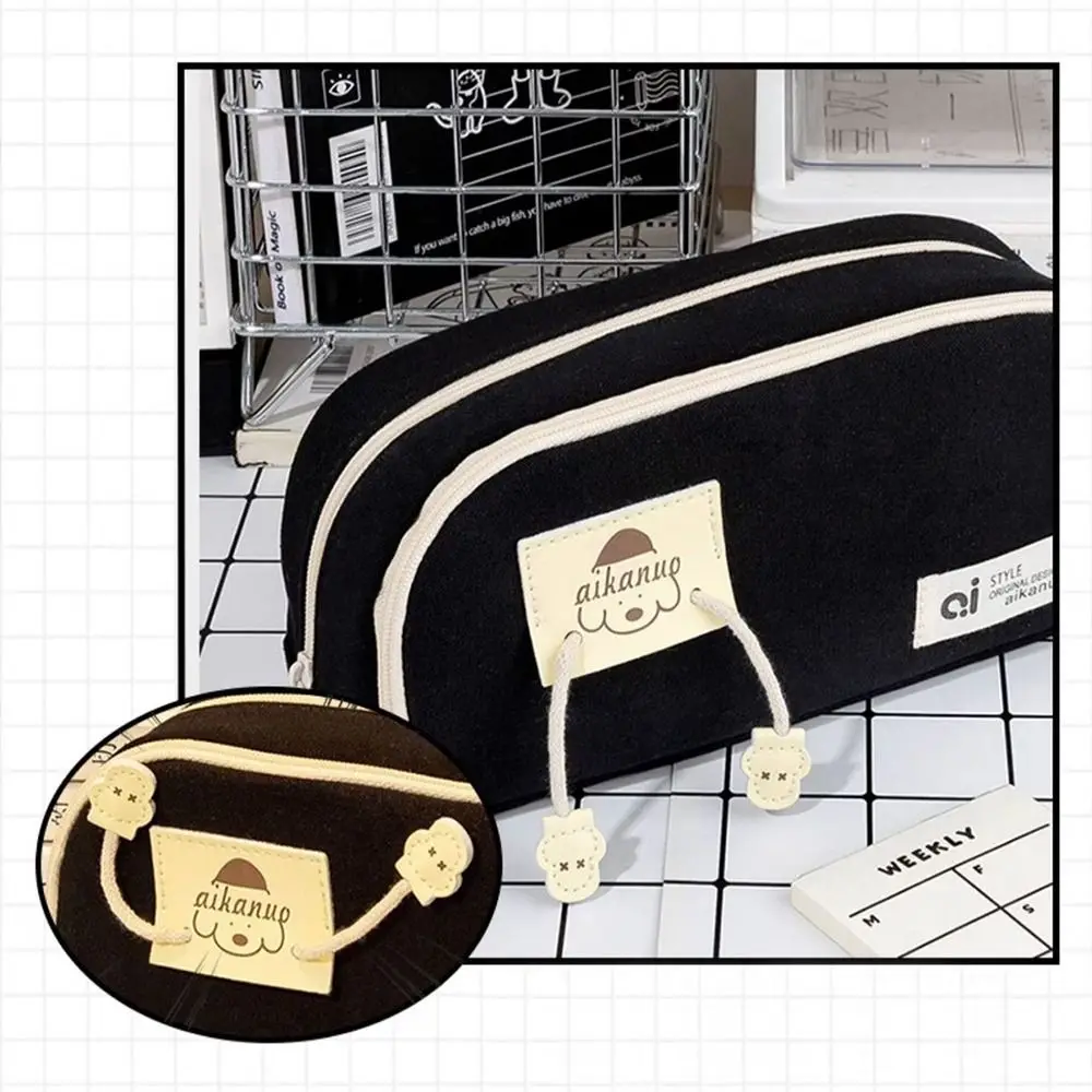 Bolsa de papelaria de lona de armazenamento de mesa estilo coreano grande capacidade multi camada saco de lápis estético filhote de cachorro lápis bolsa escola