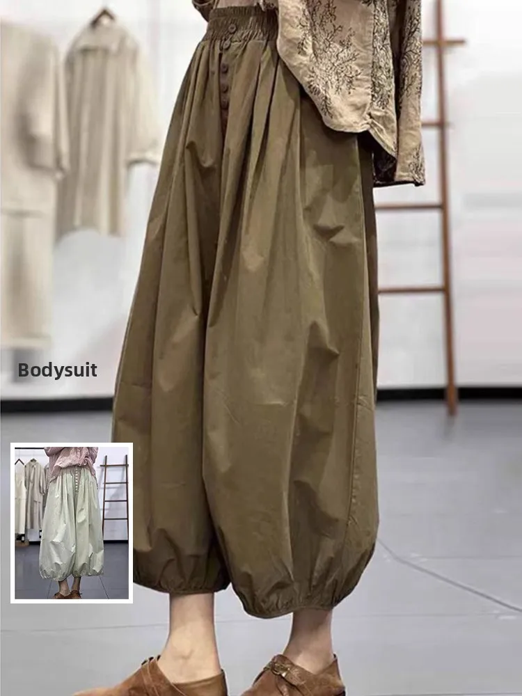 

Повседневные женские брюки-фонарики с высокой талией, плиссированные, с рядом пуговиц, больших размеров, модные, художественные, цветные, летние